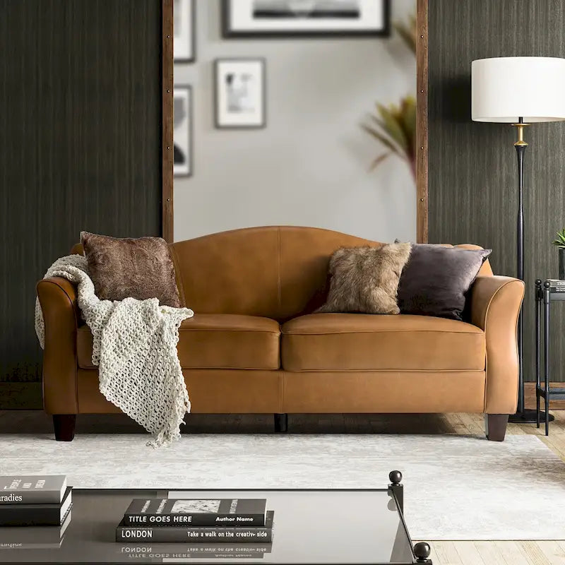 Canapé classique en cuir véritable de 81,5 po avec pieds en bois massif
