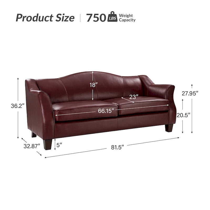 Canapé classique en cuir véritable de 81,5 po avec pieds en bois massif