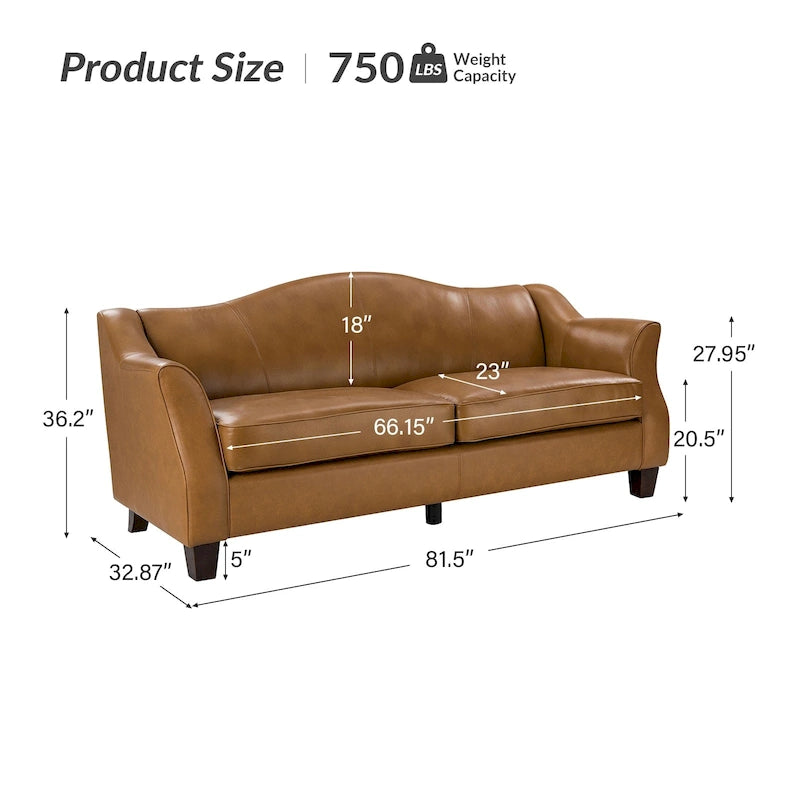Canapé classique en cuir véritable de 81,5 po avec pieds en bois massif