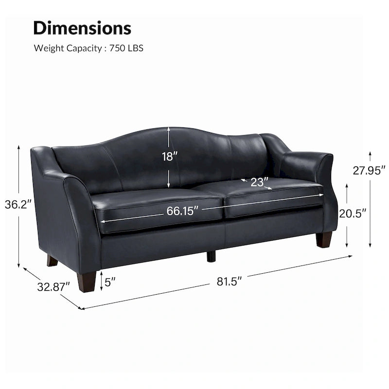 Canapé classique en cuir véritable de 81,5 po avec pieds en bois massif
