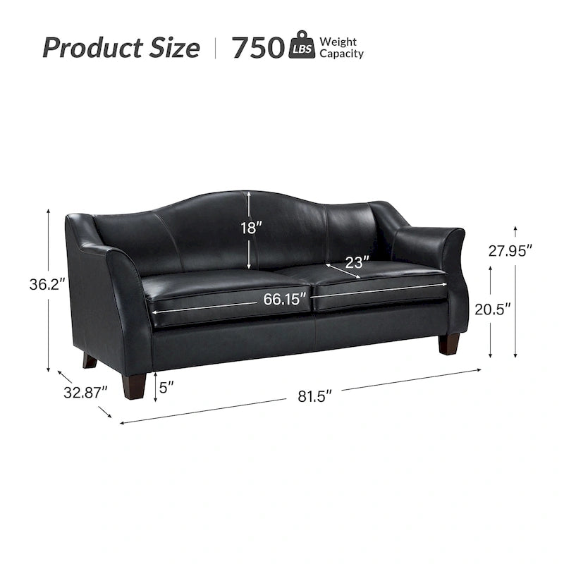 Canapé classique en cuir véritable de 81,5 po avec pieds en bois massif