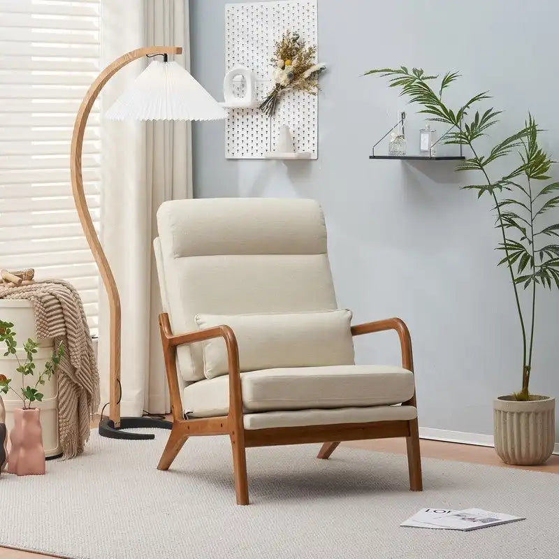 Fauteuil d'appoint à dossier haut avec cadre en bois et accoudoirs rembourrés