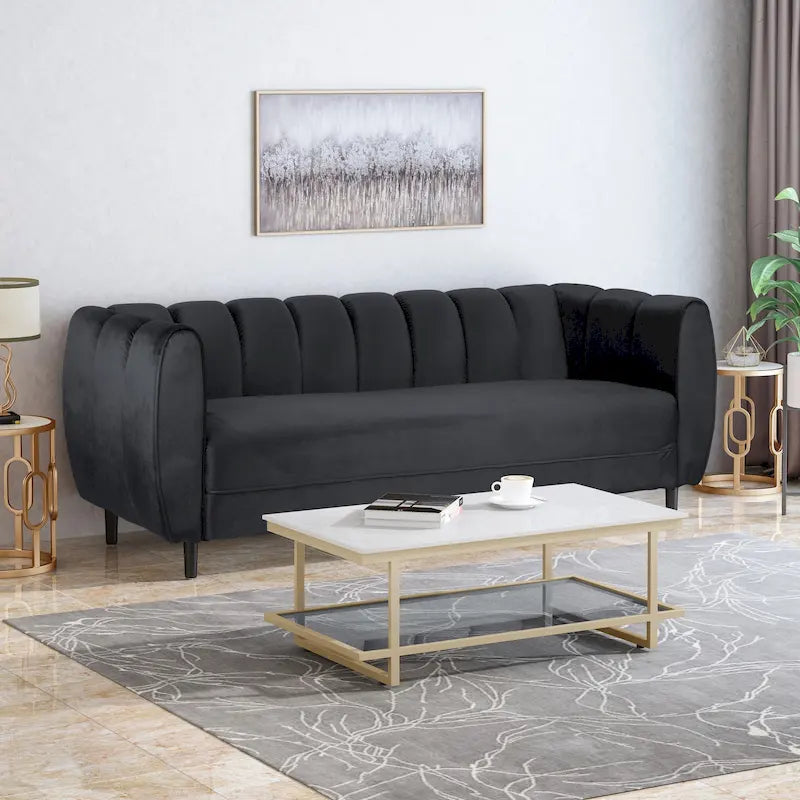 Canapé 3 places moderne en velours avec surpiqûres verticales et pieds en bois