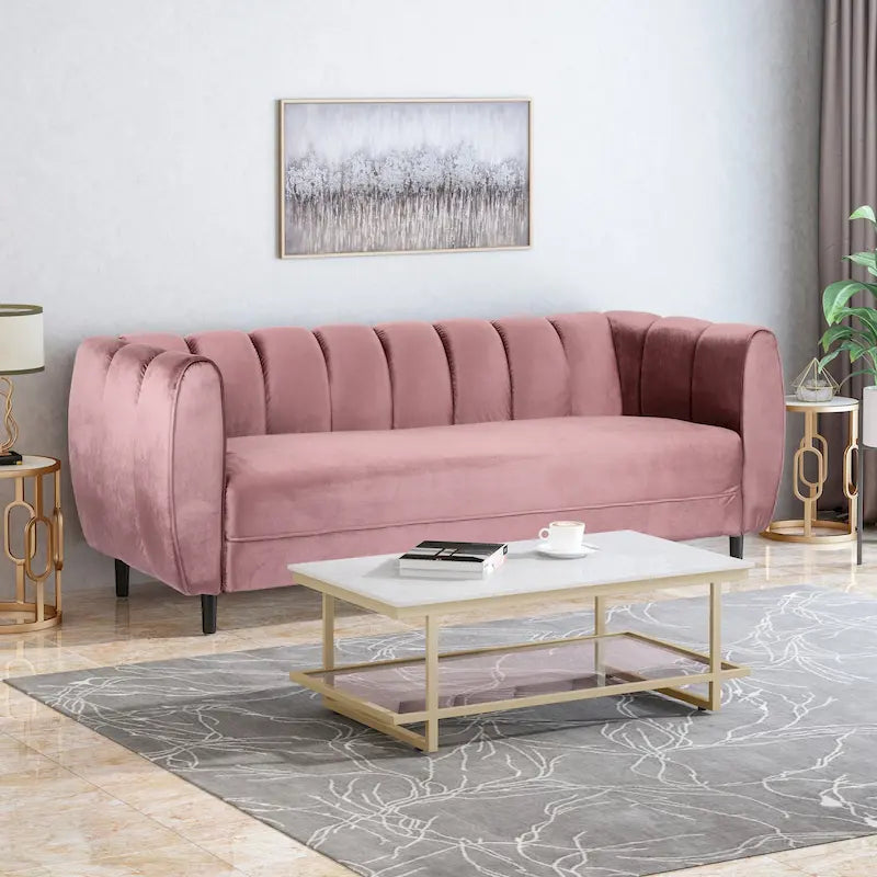 Canapé 3 places moderne en velours avec surpiqûres verticales et pieds en bois