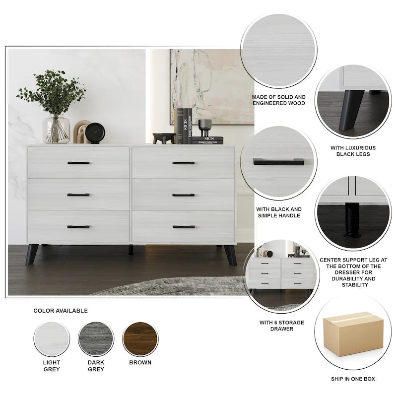 Commode en bois à 6 tiroirs avec glissières métalliques