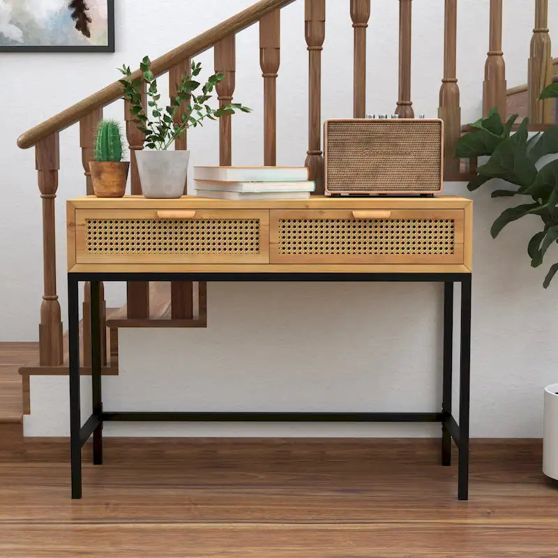 Console de 44" de large avec façade tissée et tiroirs