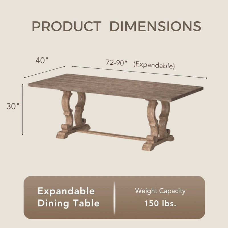Table à manger extensible rustique en bois de 90 pouces