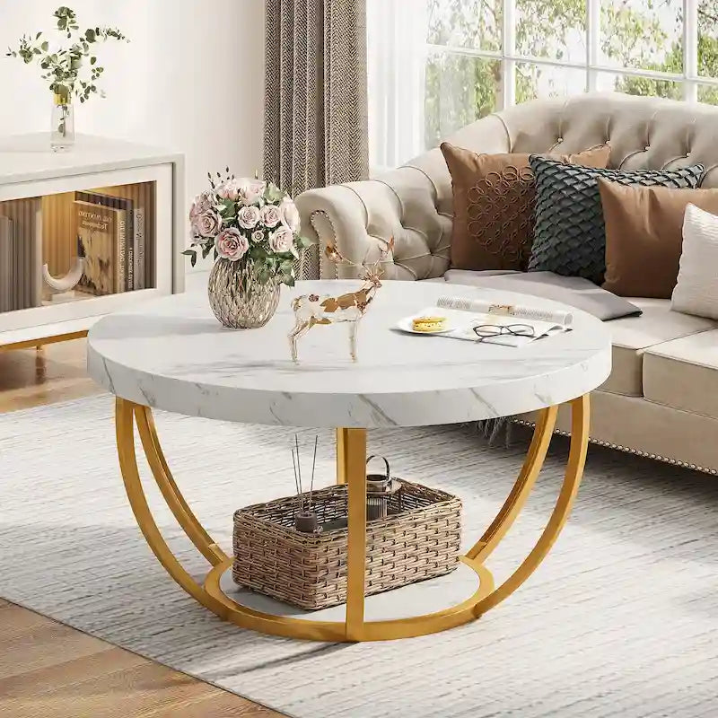 Table basse ronde à 2 niveaux avec étagère de rangement