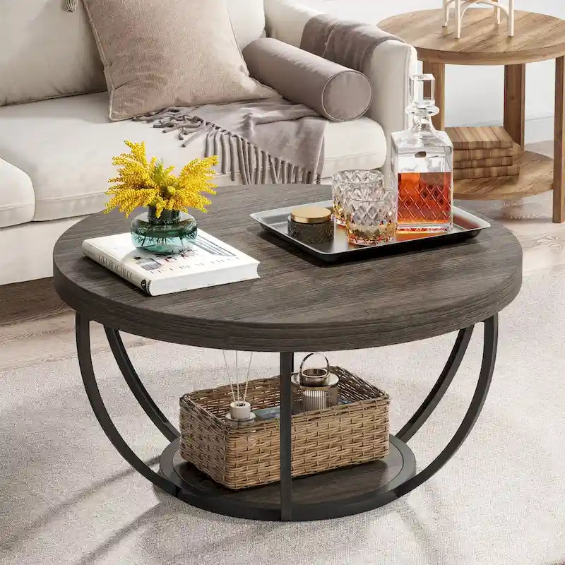 Table basse ronde à 2 niveaux avec étagère de rangement
