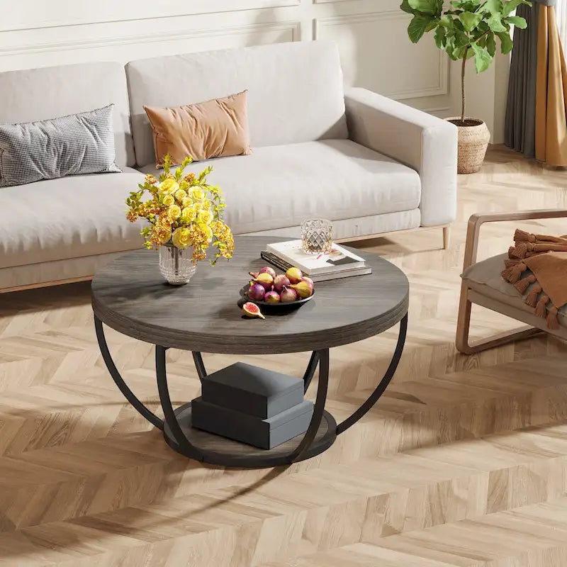 Table basse ronde à 2 niveaux avec étagère de rangement