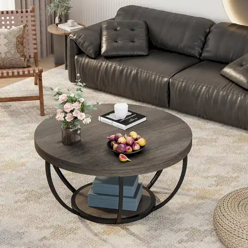 Table basse ronde à 2 niveaux avec étagère de rangement