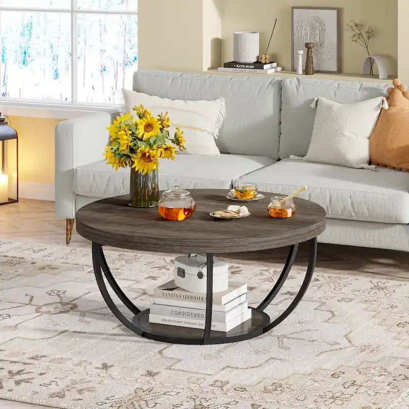 Table basse ronde à 2 niveaux avec étagère de rangement