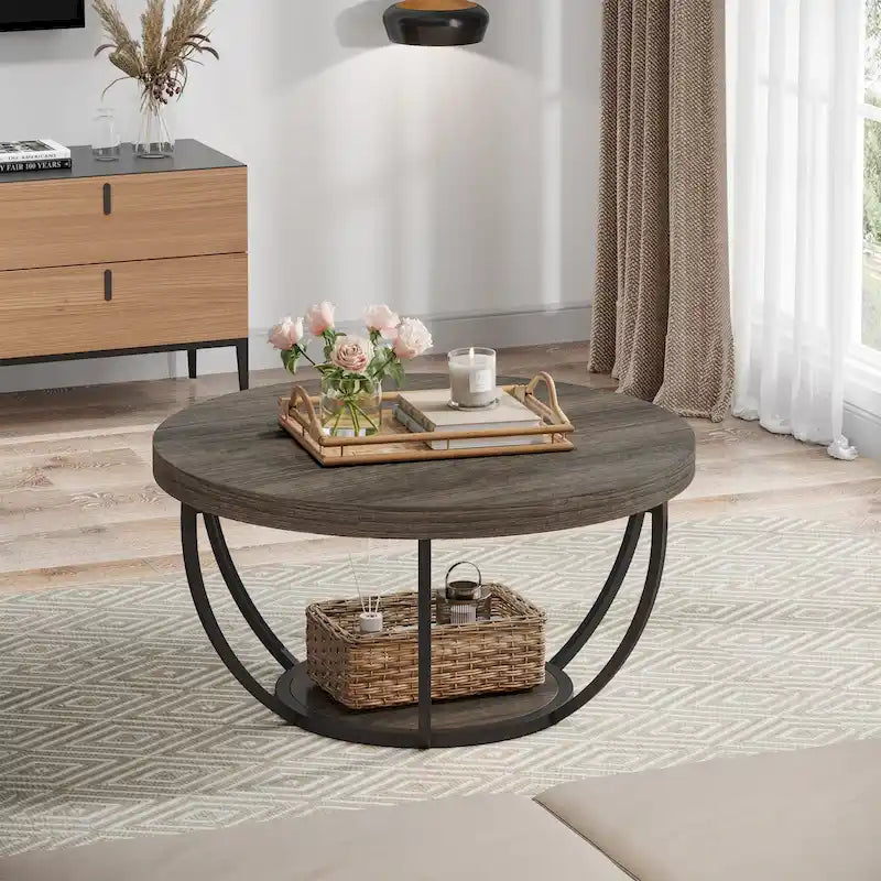 Table basse ronde à 2 niveaux avec étagère de rangement