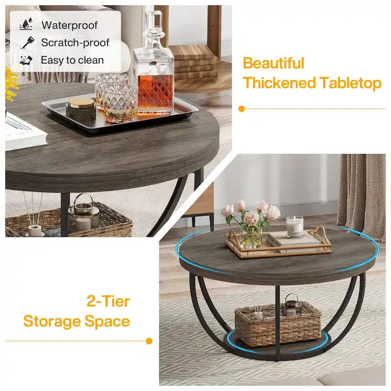Table basse ronde à 2 niveaux avec étagère de rangement