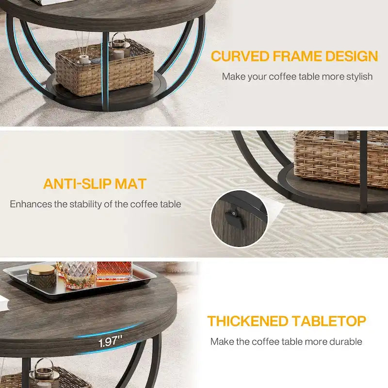 Table basse ronde à 2 niveaux avec étagère de rangement