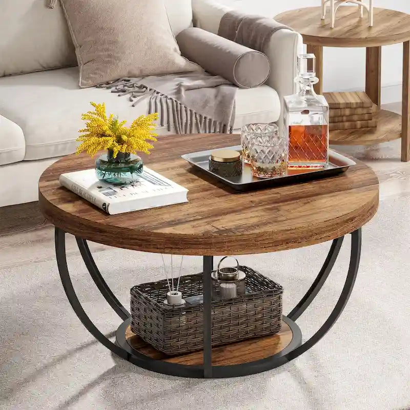 Table basse ronde à 2 niveaux avec étagère de rangement