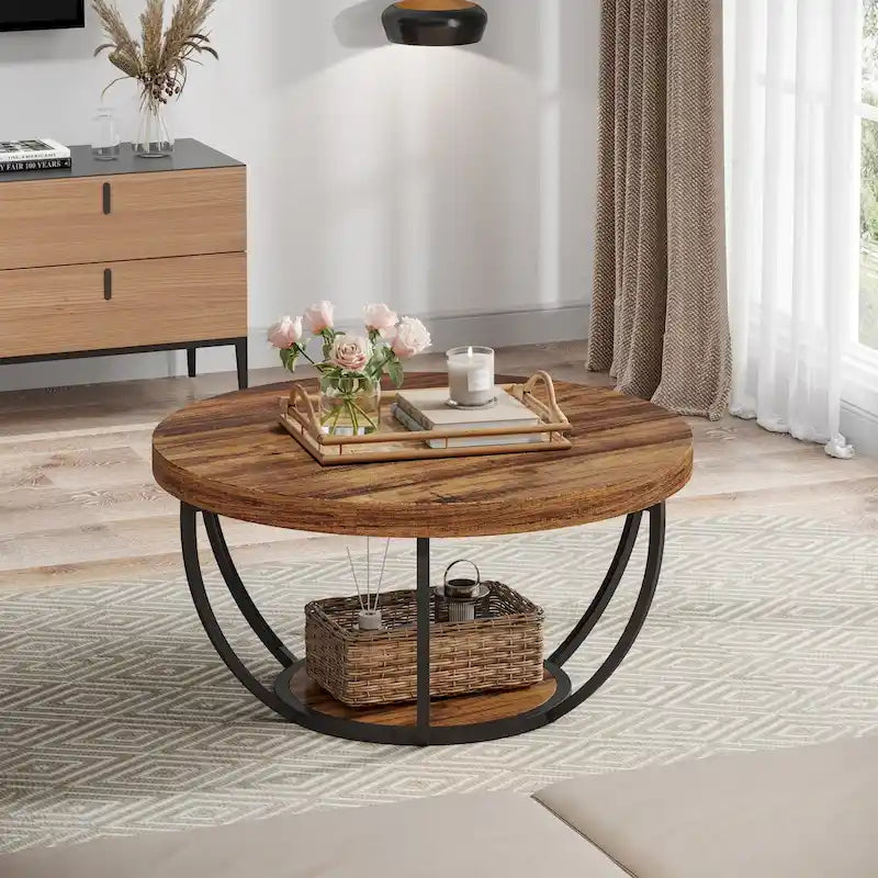 Table basse ronde à 2 niveaux avec étagère de rangement