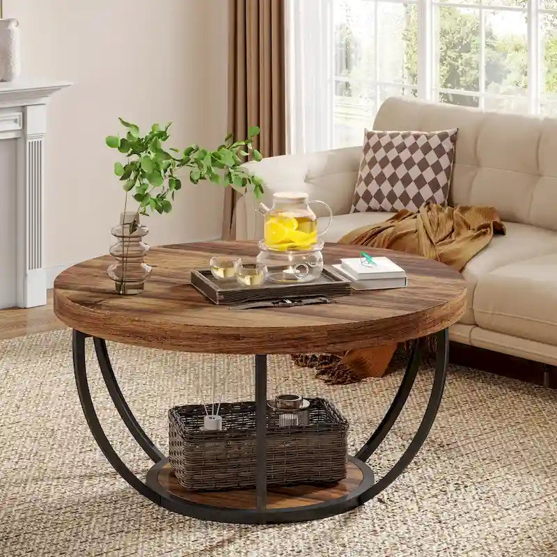 Table basse ronde à 2 niveaux avec étagère de rangement