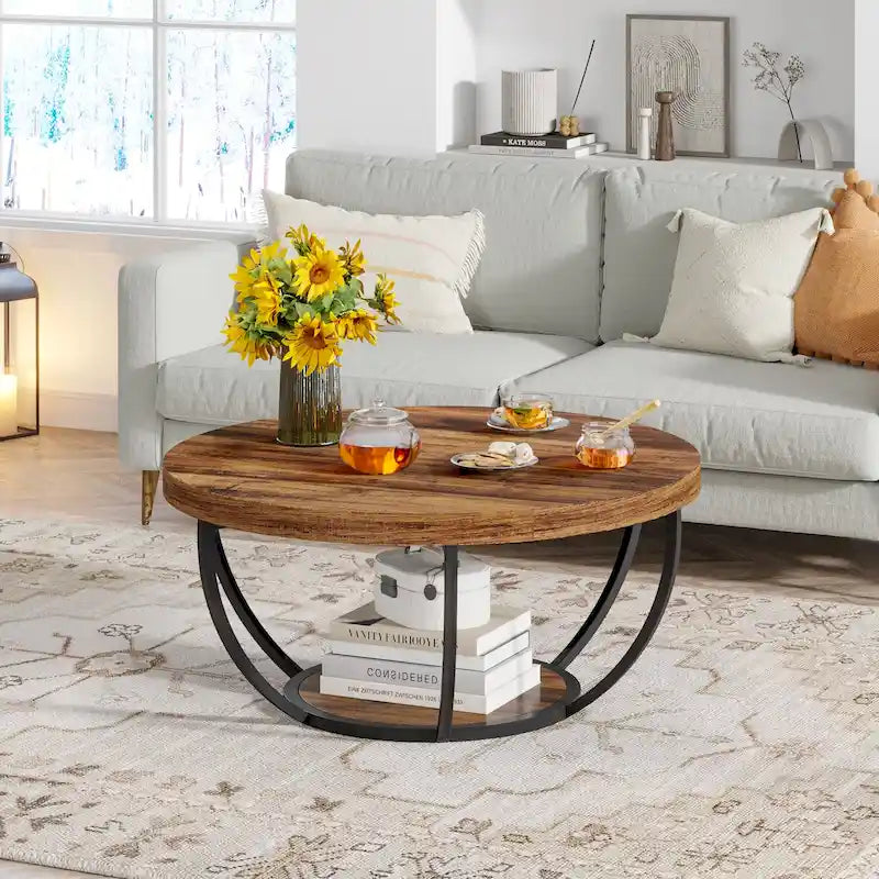 Table basse ronde à 2 niveaux avec étagère de rangement