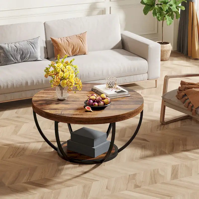 Table basse ronde à 2 niveaux avec étagère de rangement