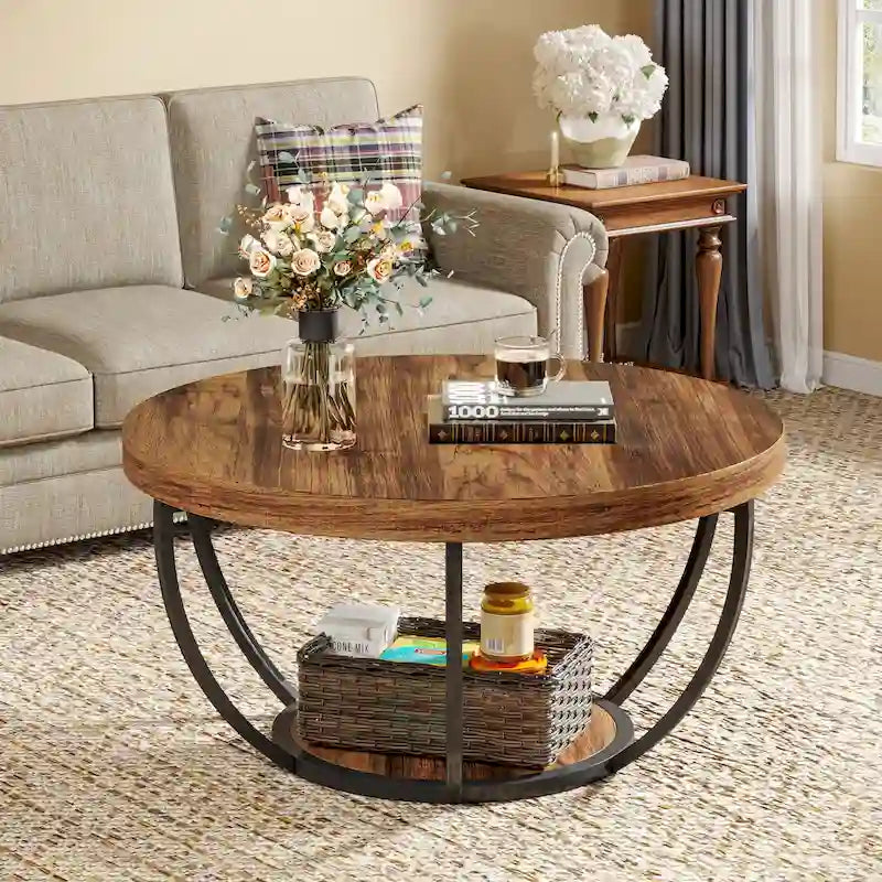 Table basse ronde à 2 niveaux avec étagère de rangement