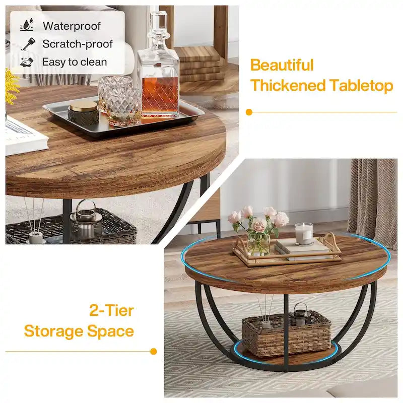 Table basse ronde à 2 niveaux avec étagère de rangement