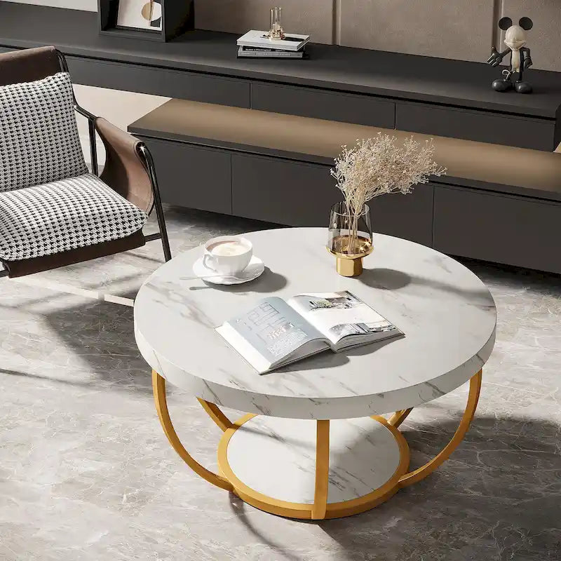 Table basse ronde à 2 niveaux avec étagère de rangement