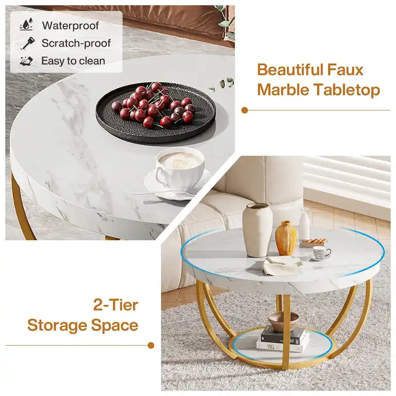 Table basse ronde à 2 niveaux avec étagère de rangement