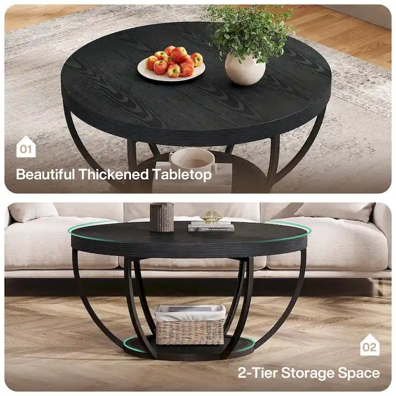Table basse ronde à 2 niveaux avec étagère de rangement