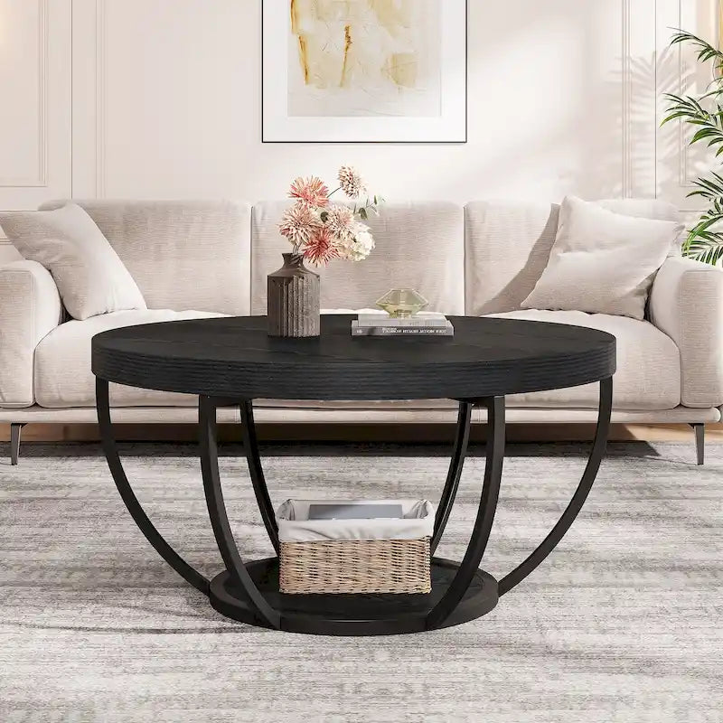 Table basse ronde à 2 niveaux avec étagère de rangement