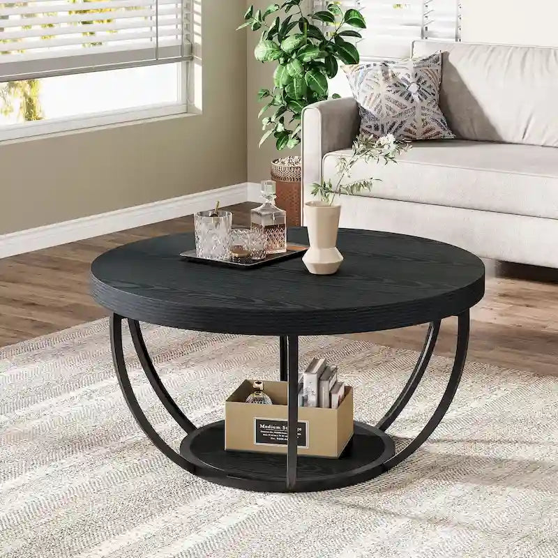 Table basse ronde à 2 niveaux avec étagère de rangement