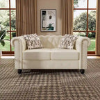 Causeuse Chesterfield en velours avec capitonnage, garniture cloutée et pieds en bois massif