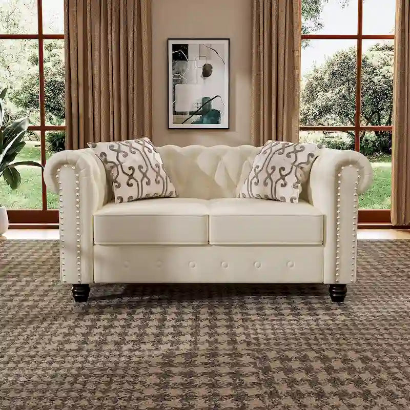 Causeuse Chesterfield en velours avec capitonnage, garniture cloutée et pieds en bois massif