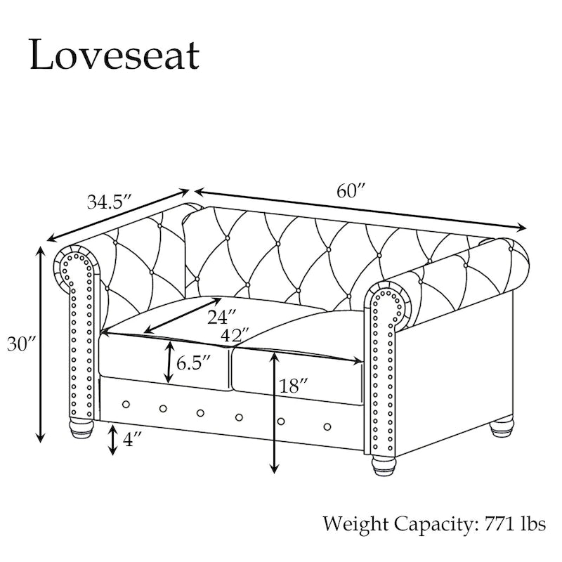 Causeuse Chesterfield en velours avec capitonnage, garniture cloutée et pieds en bois massif