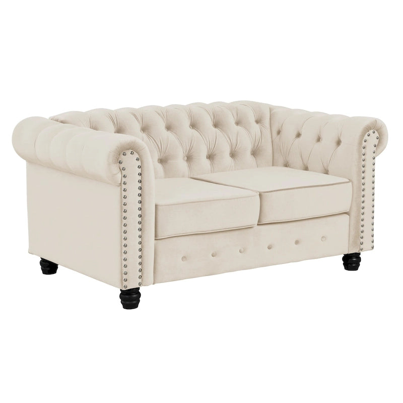 Causeuse Chesterfield en velours avec capitonnage, garniture cloutée et pieds en bois massif