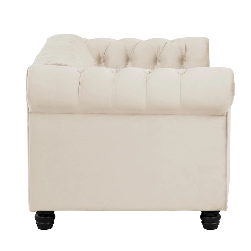 Causeuse Chesterfield en velours avec capitonnage, garniture cloutée et pieds en bois massif