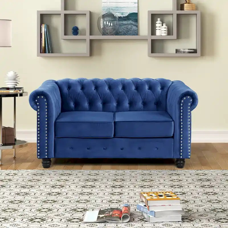 Causeuse Chesterfield en velours avec capitonnage, garniture cloutée et pieds en bois massif