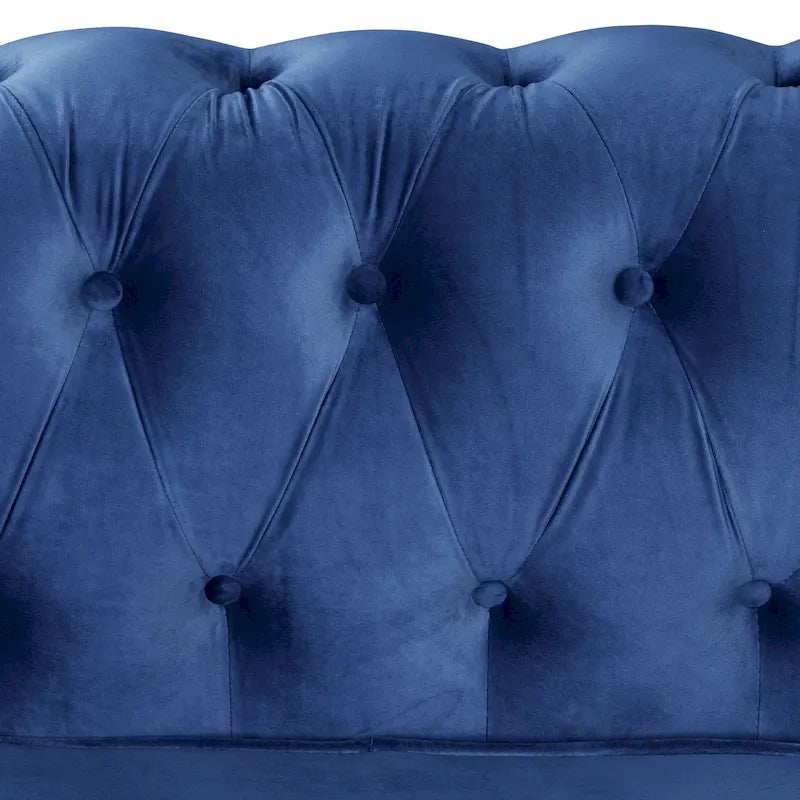 Causeuse Chesterfield en velours avec capitonnage, garniture cloutée et pieds en bois massif