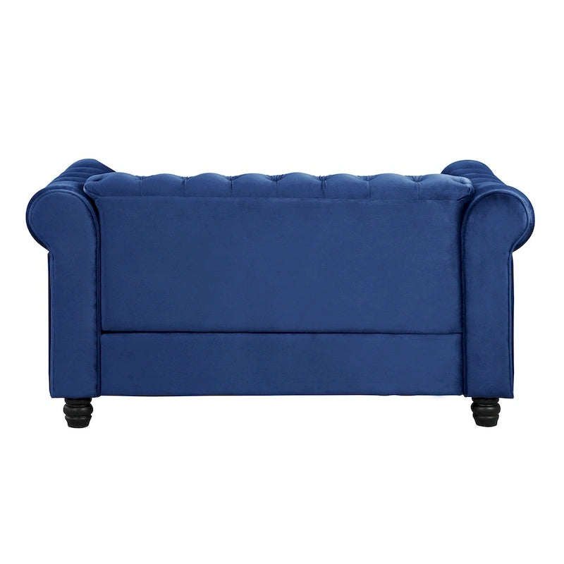 Causeuse Chesterfield en velours avec capitonnage, garniture cloutée et pieds en bois massif