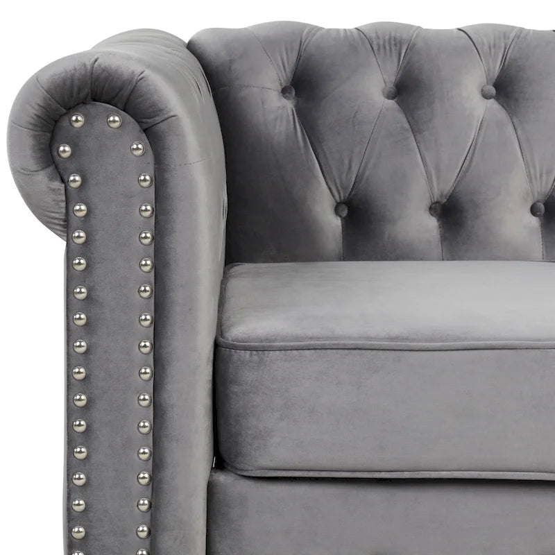 Causeuse Chesterfield en velours avec capitonnage, garniture cloutée et pieds en bois massif