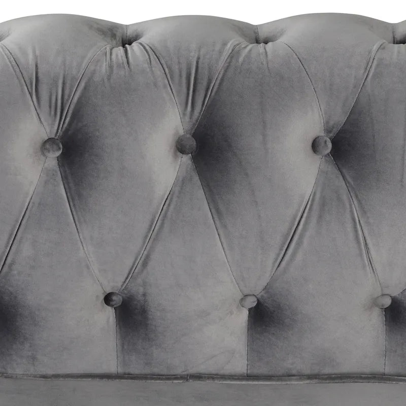 Causeuse Chesterfield en velours avec capitonnage, garniture cloutée et pieds en bois massif