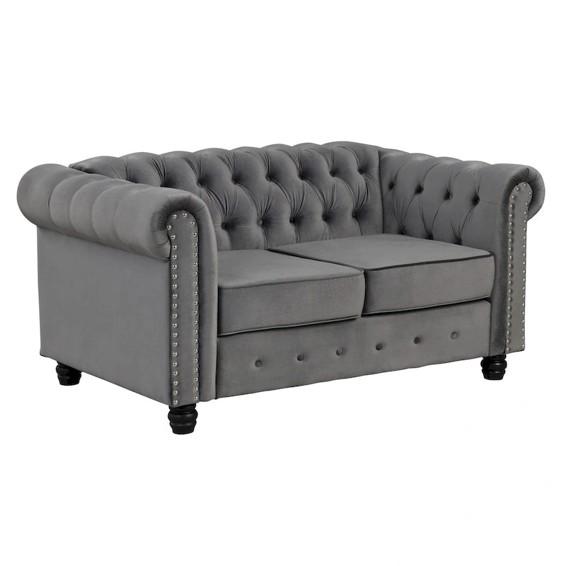 Causeuse Chesterfield en velours avec capitonnage, garniture cloutée et pieds en bois massif