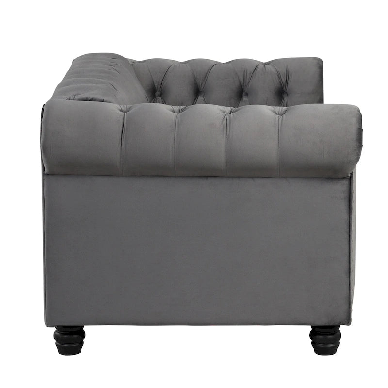 Causeuse Chesterfield en velours avec capitonnage, garniture cloutée et pieds en bois massif