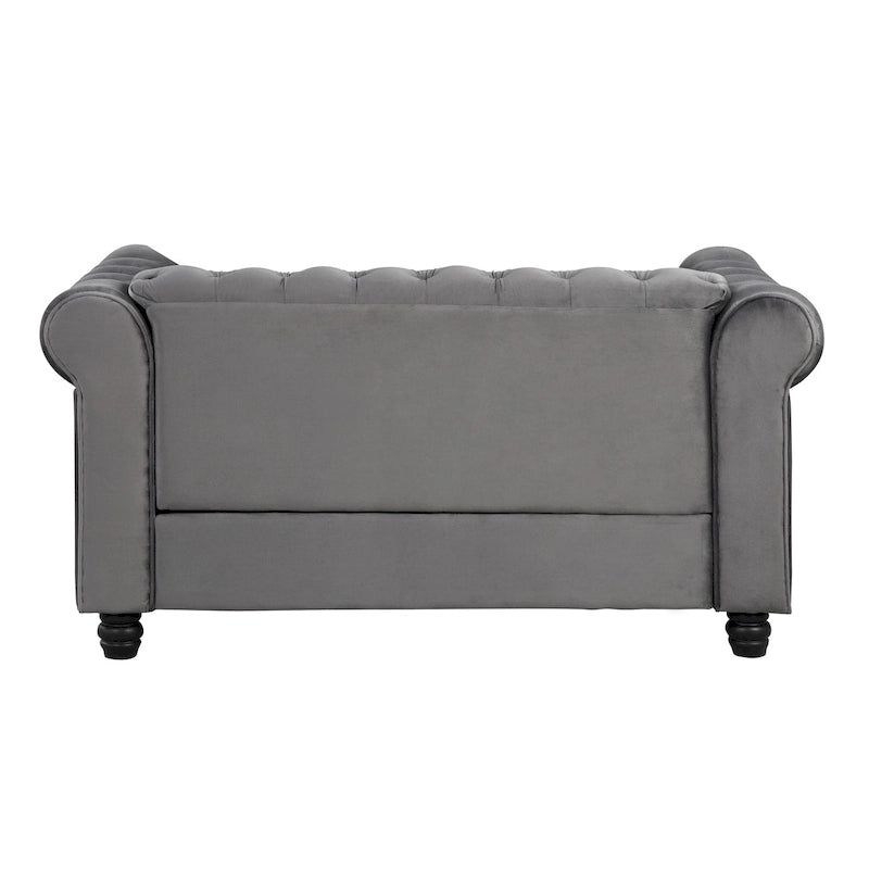 Causeuse Chesterfield en velours avec capitonnage, garniture cloutée et pieds en bois massif