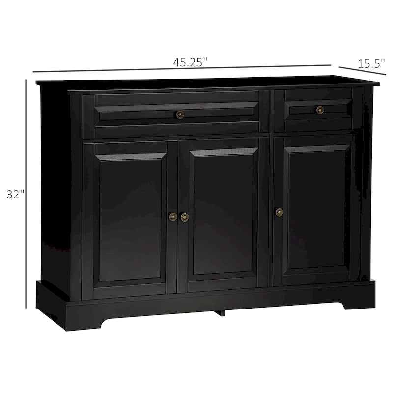 Buffet commode moderne avec placards de rangement, 2 tiroirs et étagères réglables, noir