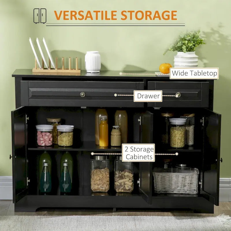 Buffet commode moderne avec placards de rangement, 2 tiroirs et étagères réglables, noir