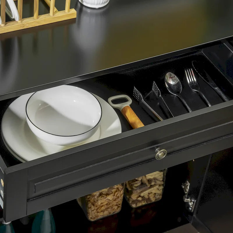 Buffet commode moderne avec placards de rangement, 2 tiroirs et étagères réglables, noir