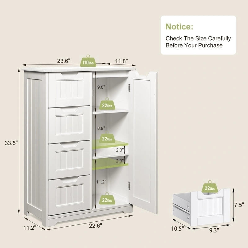 Meuble de rangement sur pied avec 4 tiroirs et étagère réglable