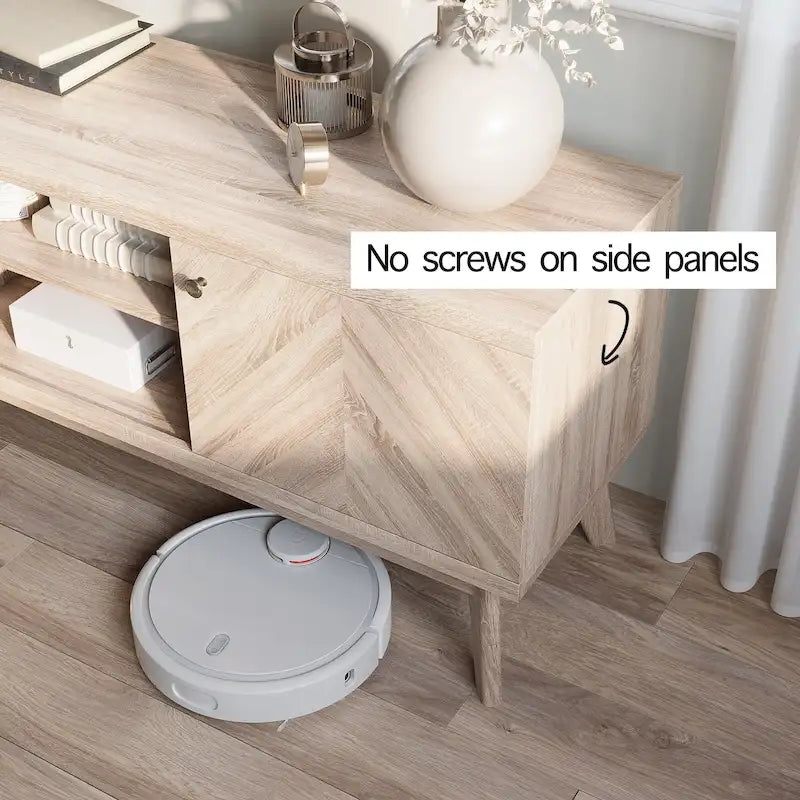 Meuble TV avec portes de placard à chevrons et pieds en bois, convient aux téléviseurs jusqu'à 65 pouces