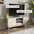 Meuble TV avec portes de placard à chevrons et pieds en bois, convient aux téléviseurs jusqu'à 65 pouces